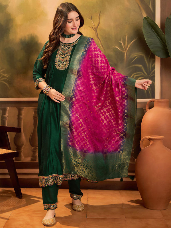 Green Silk Blend Zari Sequence Embroidered Kurta Pant & Dupatta (Set of 3)