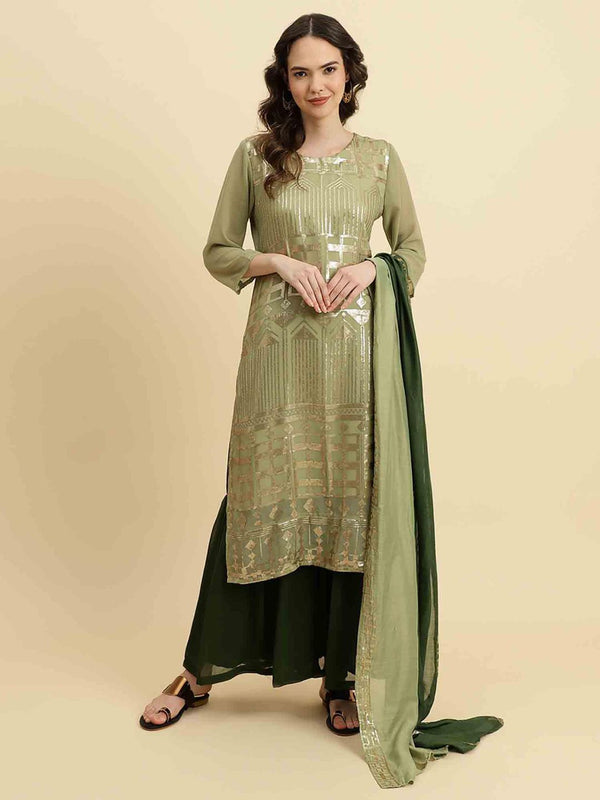 Green Round Neck Kurta with Sharara and Dupatta (Set of 3)