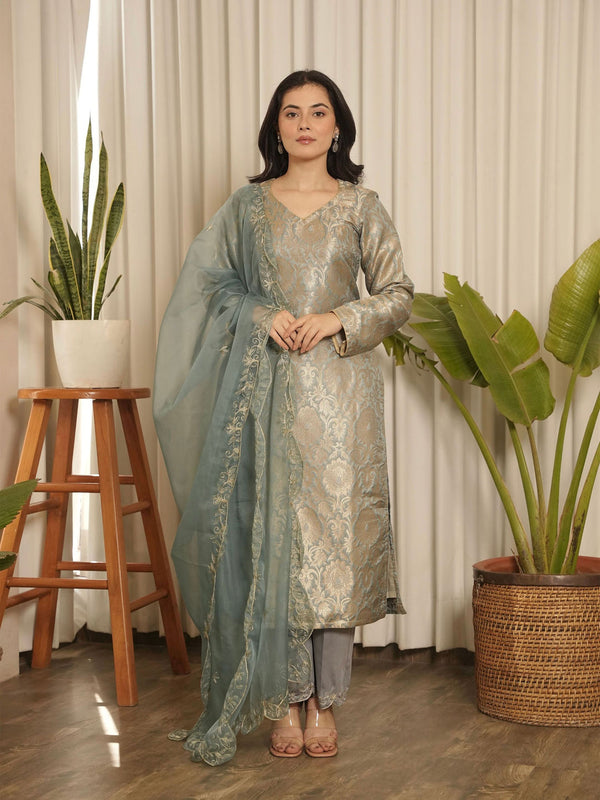 Grey Brocade Floral Kurta with Pant & Dupatta (Set of 3)