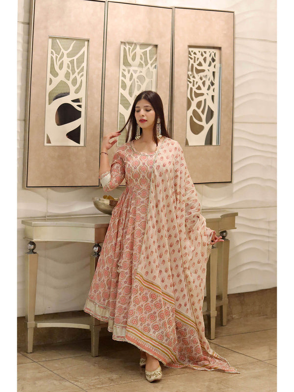 Cream Printed Cotton Gota Patti Anarkali Pant with Dupatta (Set of 3)