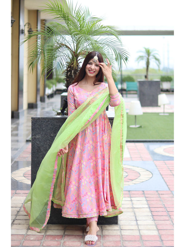 Pink Cotton Floral Anarkali Pant with Dupatta (Set of 3)