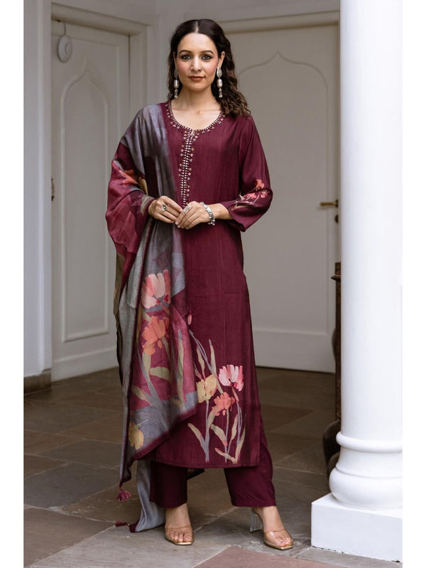 Women Brown Viscose Muslin Kurta with Pant and Dupatta (Set of 3)