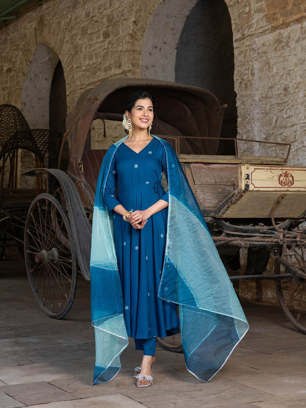 Teal Embroidered Handwork Angarkha Kurta With Pant & Dupatta (Set of 3)