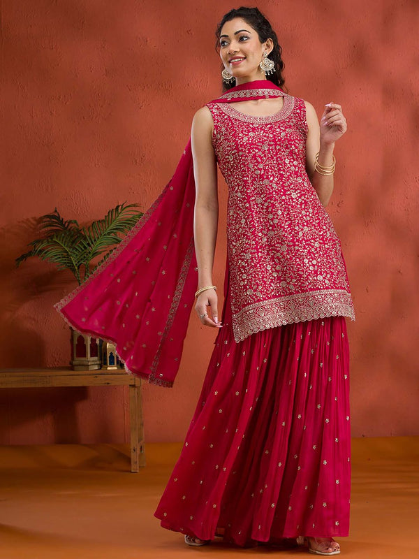 Rani Pink Silver Zari Work Georgette Readymade Kurta with Sharara & Dupatta (Set of 3)