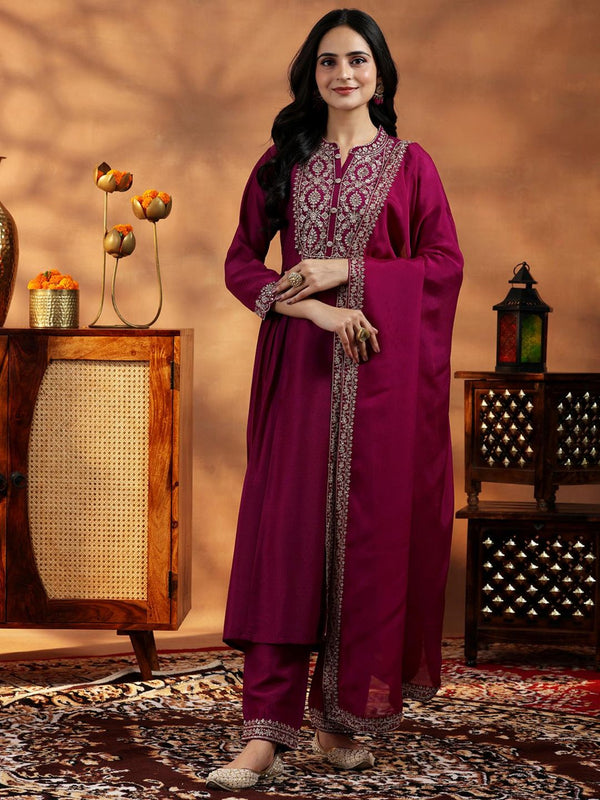 Womens Purple Anarkali Kurta with Pant and Dupatta (Set of 3)