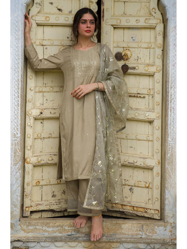 Grey Festive Embroidered Kurta with Pant & Dupatta (Set of 3)