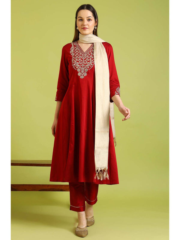 Red V-Neck Embroidered Kurta with Pant and Dupatta (Set of 3)