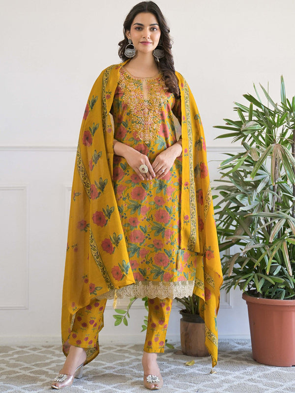 Women Floral Printed Regular Pure Cotton Kurta with Trousers & With Dupatta
