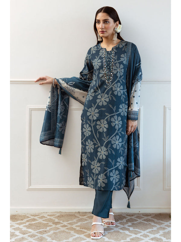 Teal Modal Floral Print Kurta with Pant and Dupatta (Set of 3)