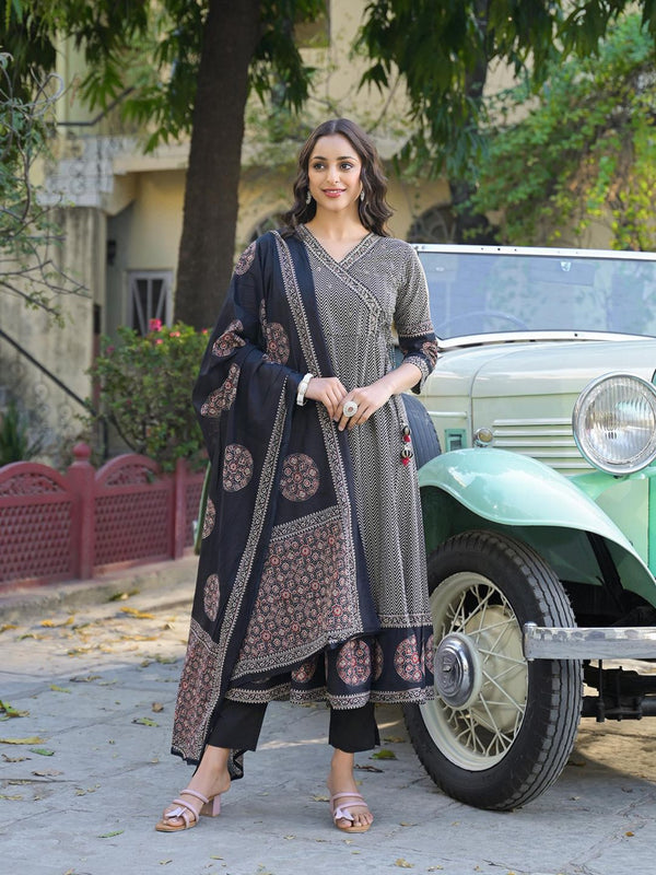 Black Printed Cotton Fabric Anarkali Kurta with Pant & Dupatta (Set of 3)