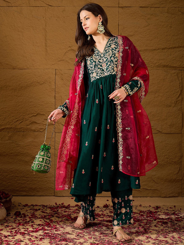 Floral Embroidered V-Neck Silk A-Line Kurta & Trousers With Dupatta