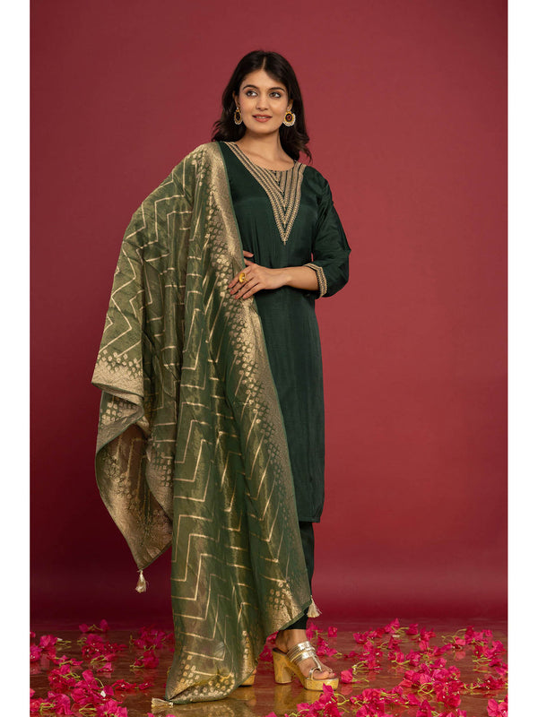 Solid Green Muslin Kurta Set with Banarasi Dupatta