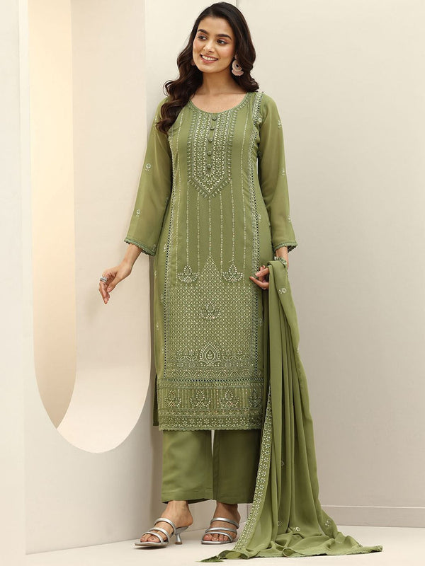 Women Floral Embroidered Panelled Sequinned Kurta with Palazzos & With Dupatta