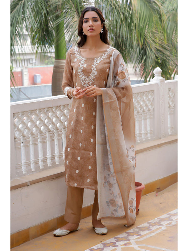 Women Brown Linen Embroidered Kurta with Solid Pant and Dupatta (Set of 3)