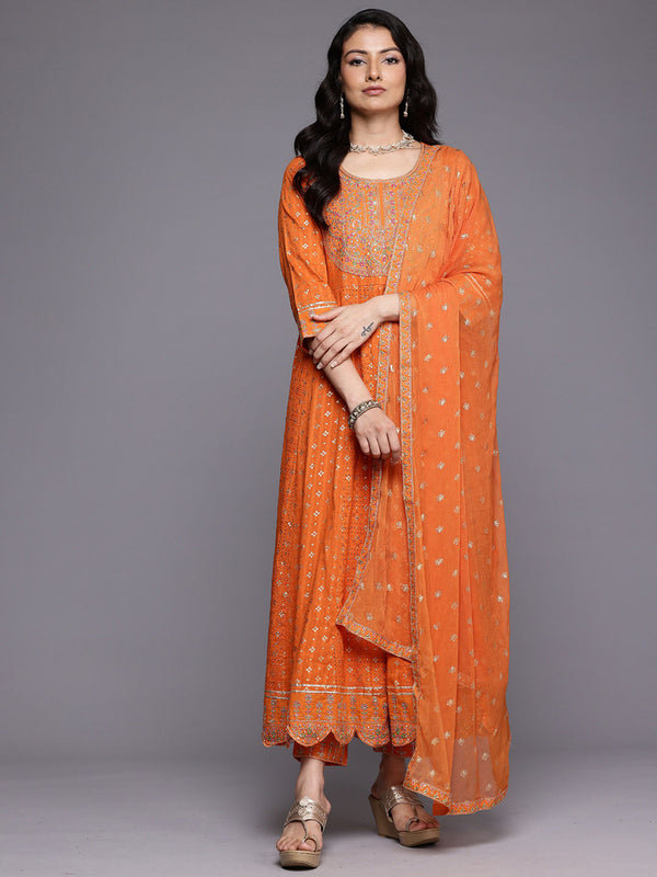 Orange Thread and Zari Embroidered Anarkali Kurta Pant with Dupatta (Set of 3)