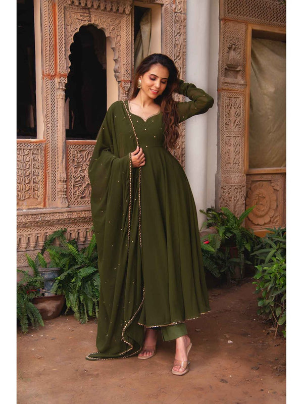 Olive Devaki Anarkali with Pant and Dupatta (Set of 3)