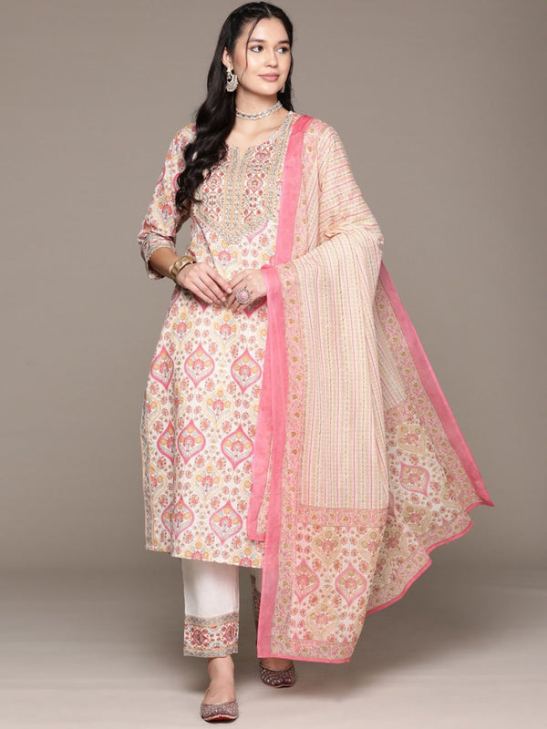 Straight Style Cotton Cream Kurta with Pant & Dupatta (Set of 3)