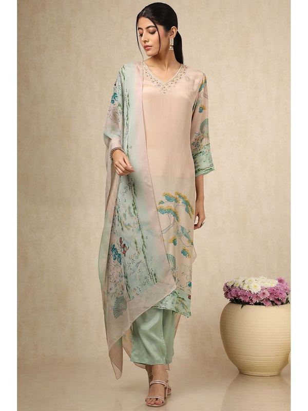 Women Beige Crepe Ethnic Motifs Kurta with Pant & Dupatta (Set of 3)