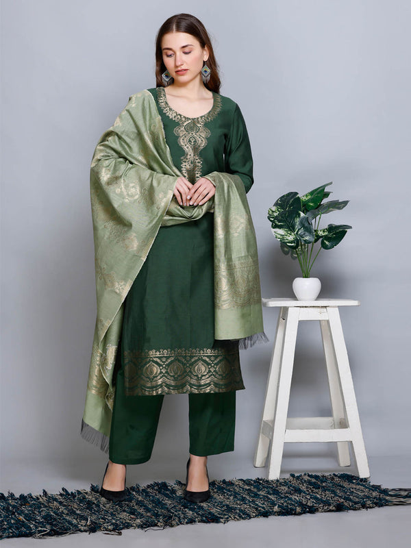 Cotton Silk Green Woven Kurta and Pant with Dupatta (Set of 3)