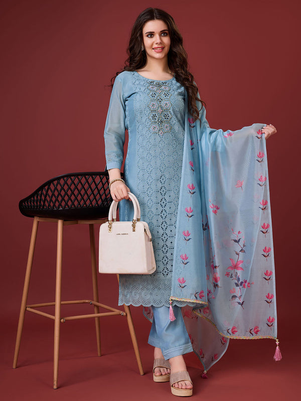 Sky Blue Chanderi Silk Embroidered Chikankari Kurta with Pant and Dupatta (Set of 3)