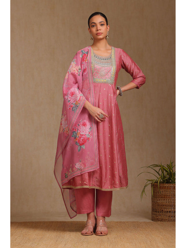 Women's Blush Pink Vichitra Kurta & Pant With Dupatta With Sequins (Set of 3)